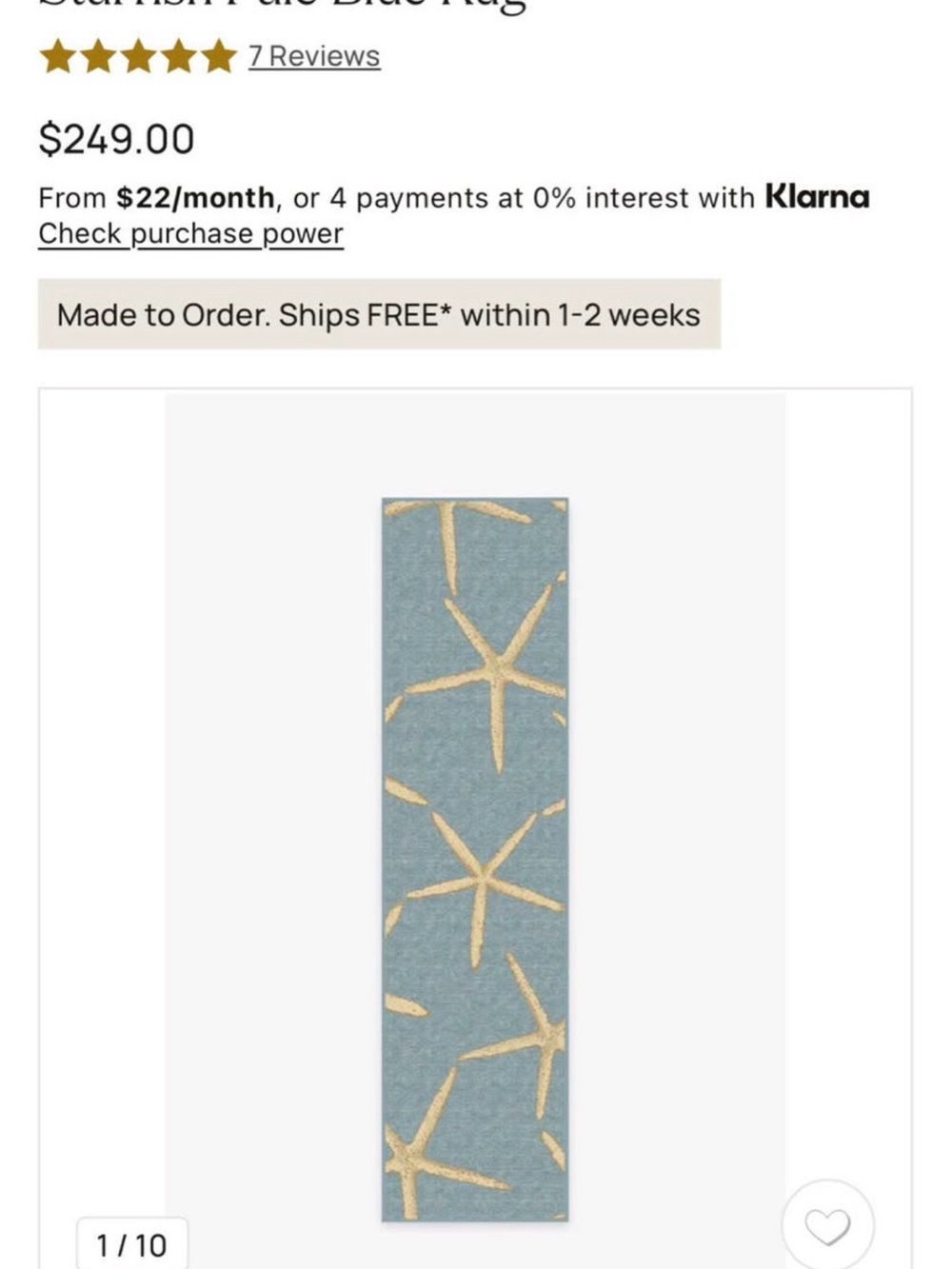 Ruggable Pale Blue Starfish Round Rug & Runner -Gold Starfish Pattern - Picture 2 of 10